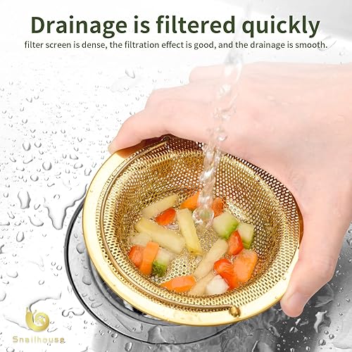 Miniatura 2 de Snailhouse Coladores para fregadero, paquete de 2 cestas de drenaje de malla de acero inoxidable de 4.5 pulgadas con borde ancho y asa, color dorado