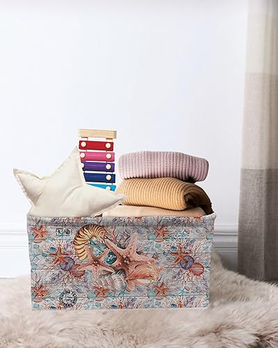 Miniatura 7 de Storage Bins Cubes Waterproof Cloth Storage Basket, Rustic Ocean Starfish Foldable Storage Bags for Shelf Closet Clothes Storage Organizers with