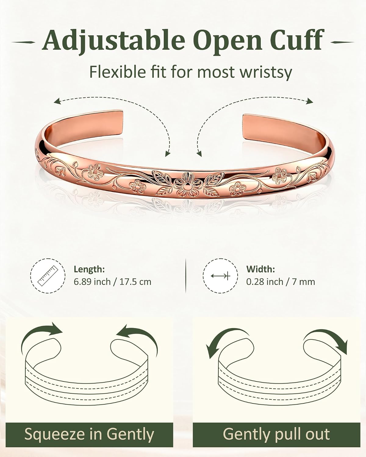 MagEnergy Pure Copper Bracelet for Women-Handcrafted Copper Cuff Bangle