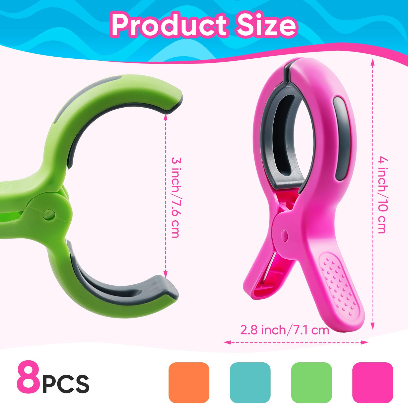 Condition photo showing Good Condition for higift beach towel clips for beach chairs, towel holder for pool lounge chair cruise essentials, 8 pack jumbo size clothes pins vacation must have to keep towel from blowing away, 4 bright colors