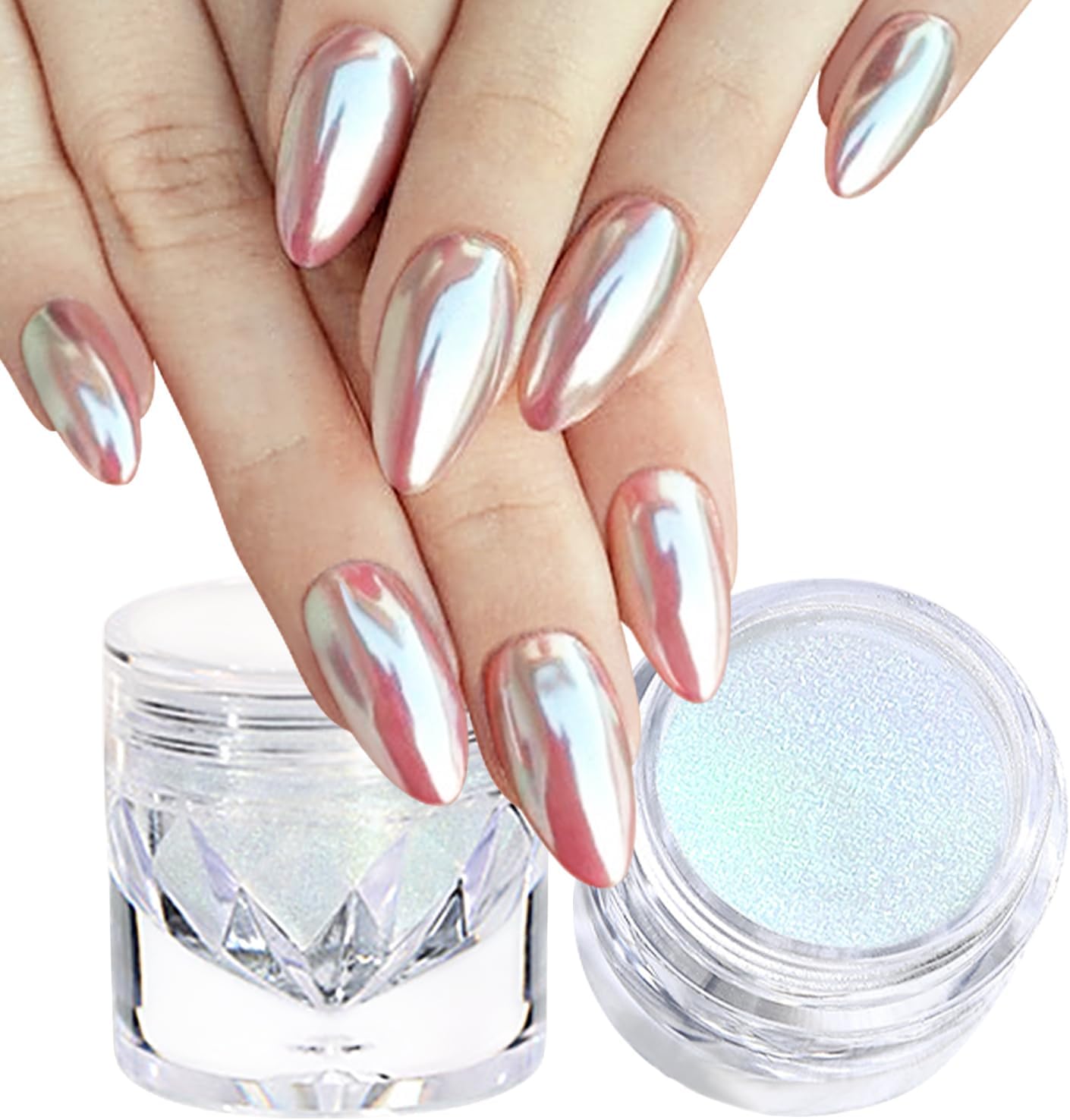 2Pcs White Chrome Nail Powder Clear Blue Glass Effect Super Glossy Glazed Donut Chrome Powder for Nails Art, Pearl Nail Glitter Pigment Dust for Gel Nails Polish Design with Tools