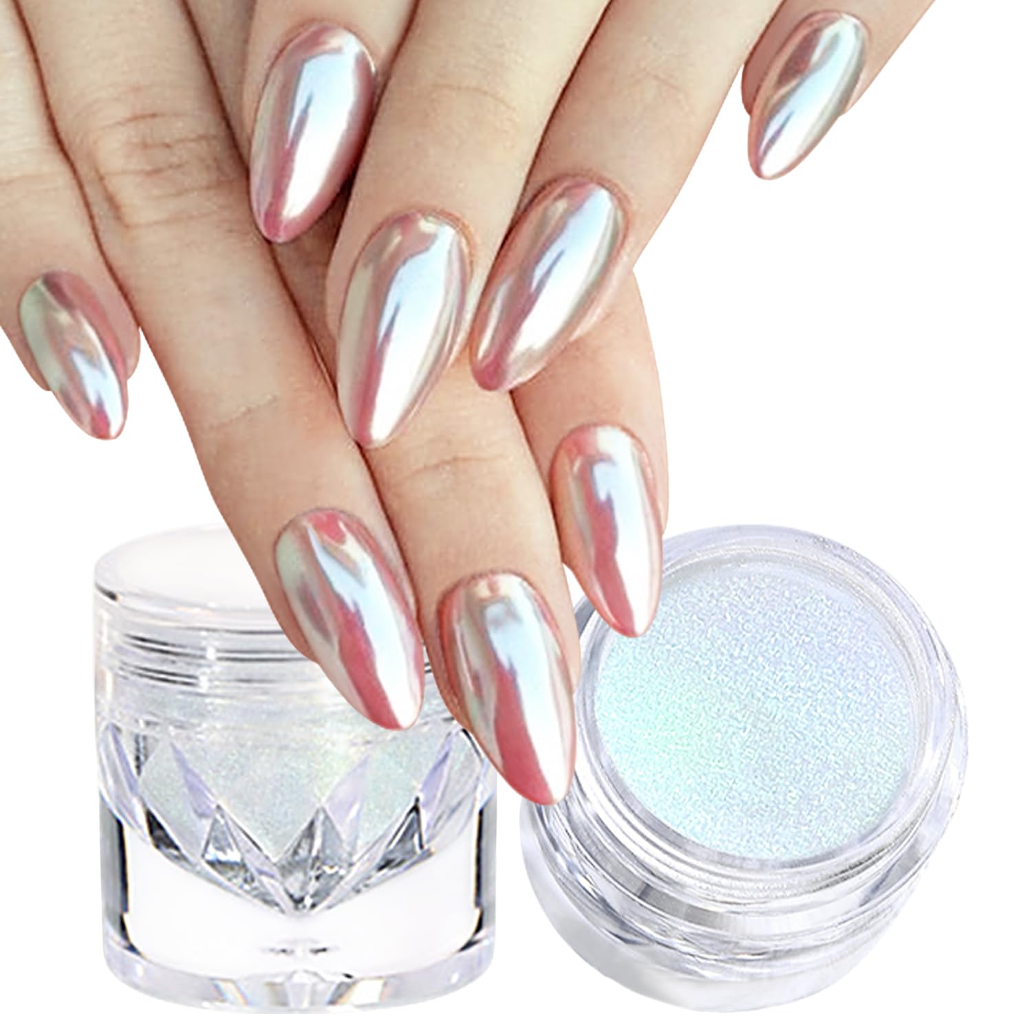 2Pcs White Chrome Nail Powder Clear Blue Glass Effect Super Glossy Glazed Donut Chrome Powder for Nails Art, Pearl Nail Glitter Pigment Dust for Gel Nails Polish Design with Tools