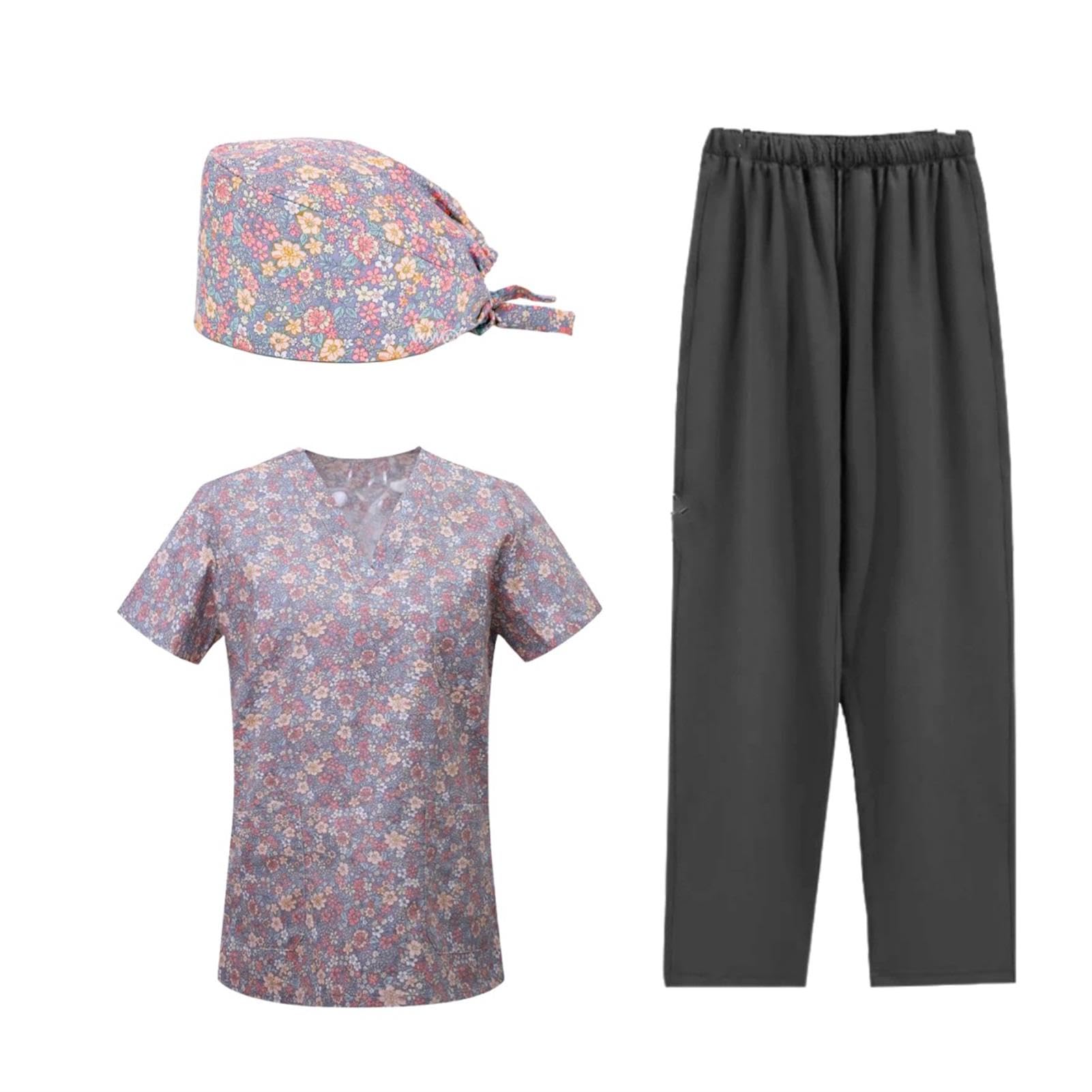 hixswnu Damen Arbeitskleidung Set V-Ausschnitt Gedruckt Uniform Kurzarm T-Shirt Top Hosen Casual Homewear für Männer