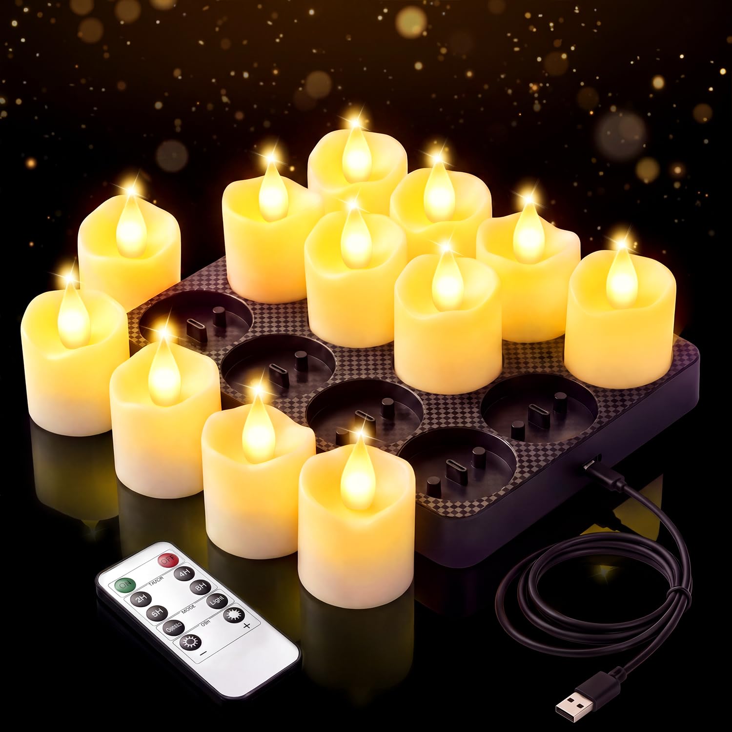 Ollny 12 Stück LED Teelichter Wiederaufladbar mit Timer & Fernbedienung | 5 Stufen Dimmbar, lange Akkulaufzeit, Elektrische USB LED Kerzen für Hochzeit, Laternen, Tisch Deko zu Weihnachten, Halloween