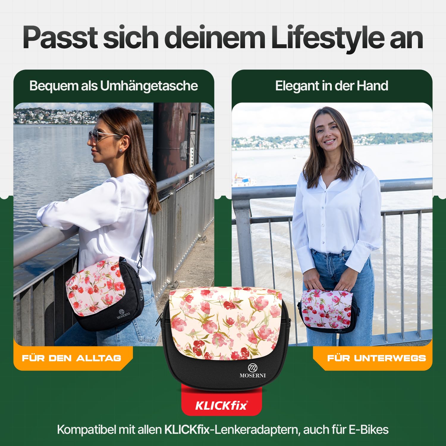 Borsa per manubrio piccola – compatibile con KLICKfix, volume 5 l, resistente agli spruzzi d'acqua e robusta, con parapioggia, ideale per e-bike, bici da corsa e città (motivo floreale)