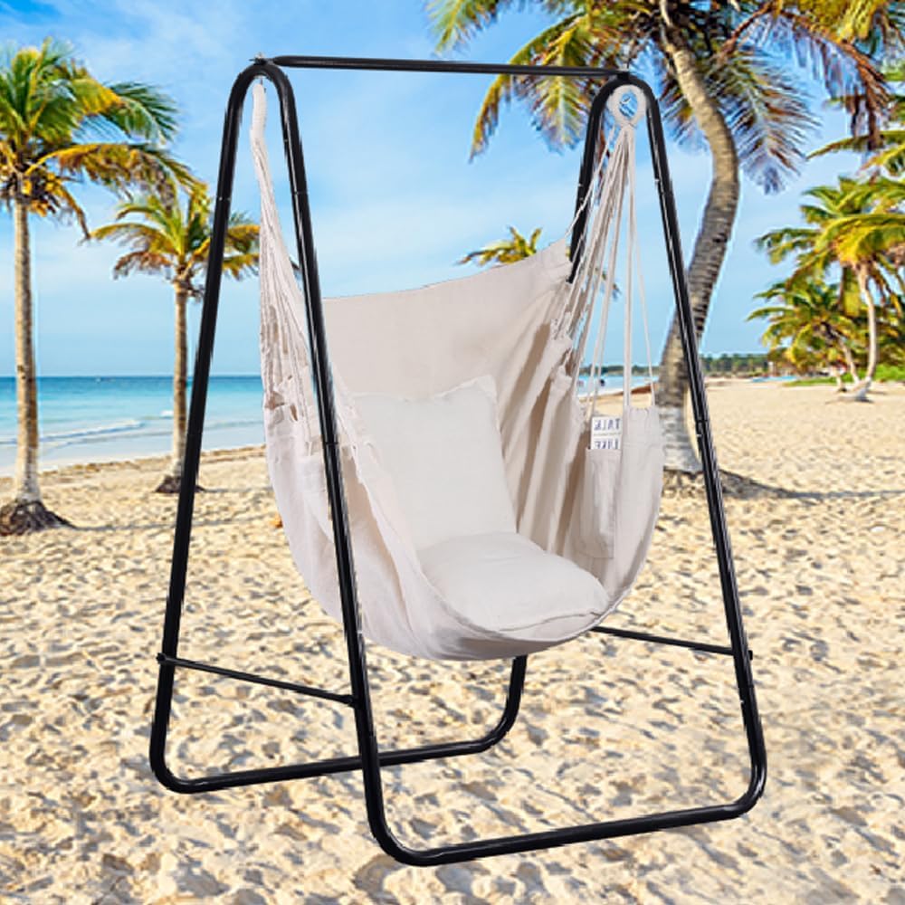 Goutime Hammock Chair, Boho Hanging Rope Ceiling Swing, Macrame Hanging Swinging Chair for Indoor,Outdoor,Bedroom,Outside,Garden,Balcony,Yard,Deck,Max 330 Lbs,Beige - Image 7