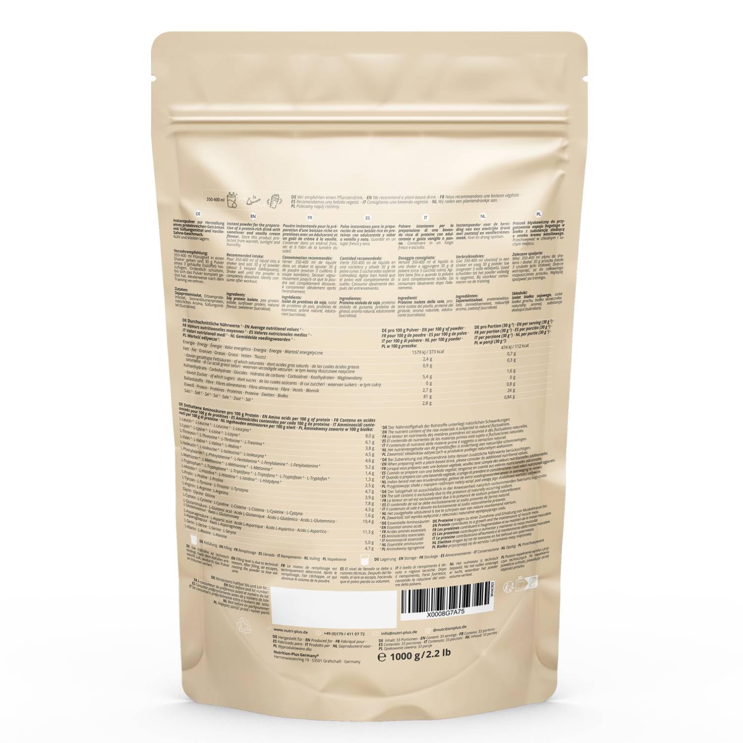 Nutri + Vegan Protein Pulver Vanille 1 kg 81% Eiweiß - 3k Proteinpulver 1000 g - Shake Vanilla Cream Flavor - pflanzliches Eiweißpulver ohne Zucker