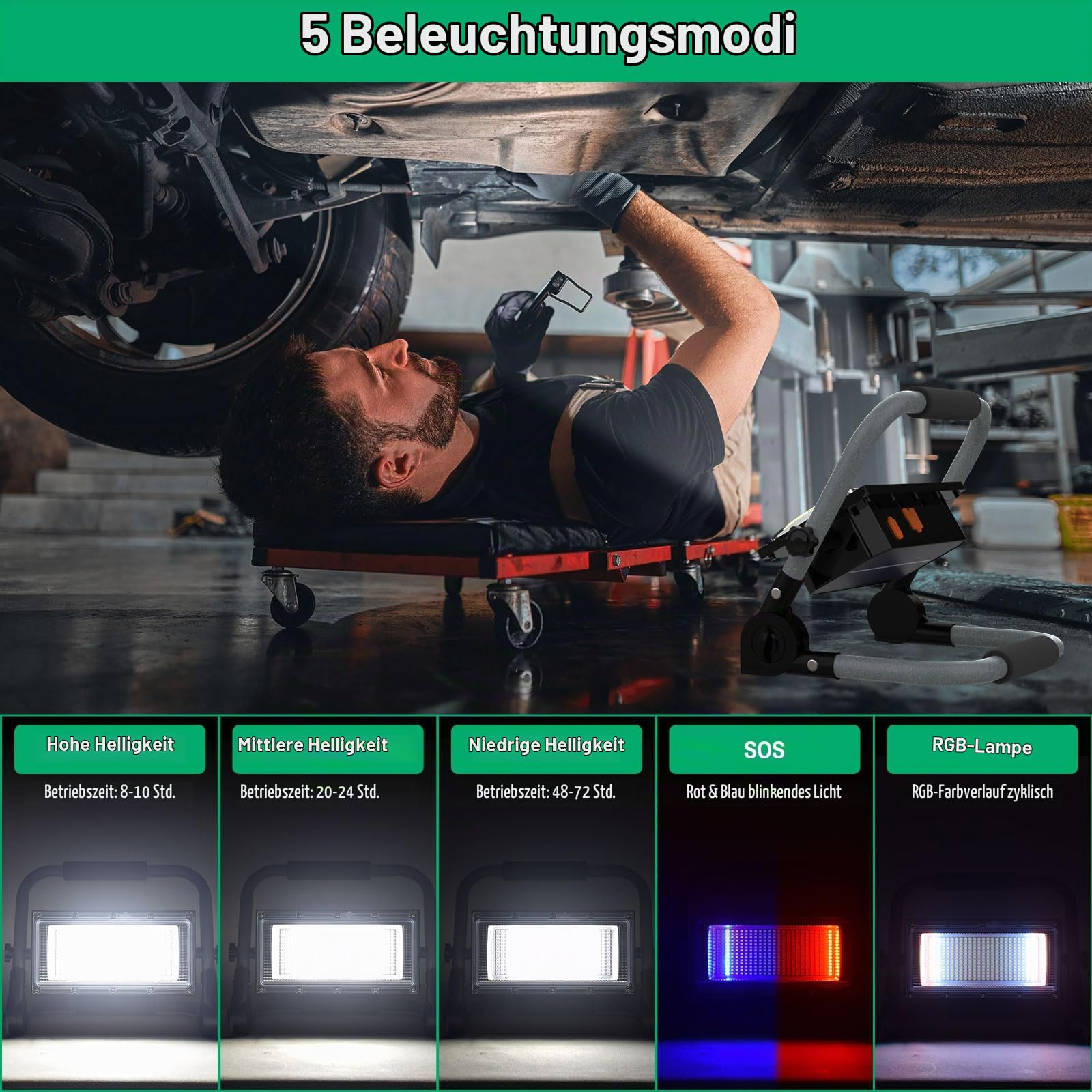 ERAY Solar 10000LM LED Baustrahler Akku 12000mAh mit 5 Lichtmodi | 350 LEDs, 2 Lademethoden, Timing-Funktion, Tragbarer Campinglampe und Arbeitsleuchte für Camping, Garage, Notfall, Werkstatt