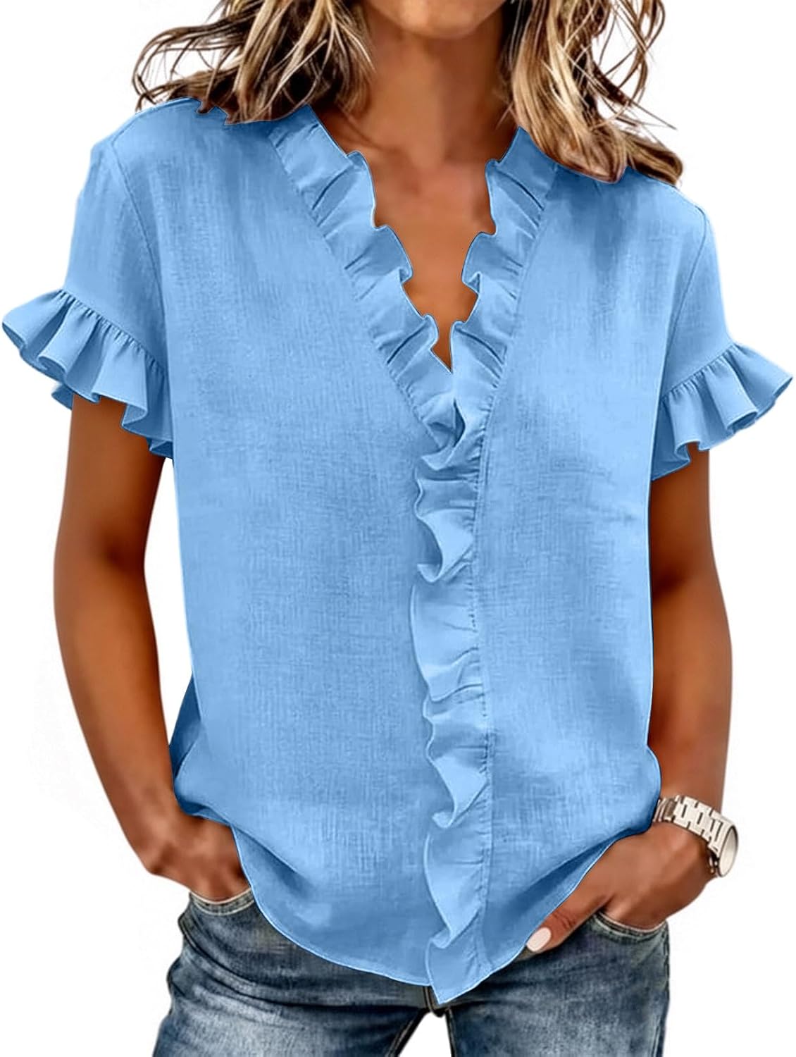 Womens T-Shirts Summer Tops Casual Cotton Linen Short | Womens Summer Tops Casual Cotton Linen T-Shirts Short Sleeve Ruffle V Neck Loose Tees Dressy Trendy Blouse