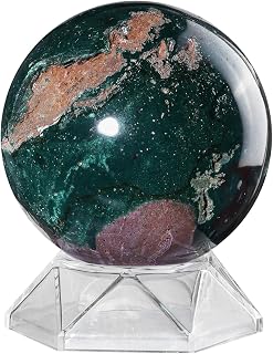 mookaitedecor Natural Ocean Jasper Crystal Ball with Acrylic Stand, 71-80 mm Feng Shui Divination Stone Sphere Sculpture for Home Office Table Display