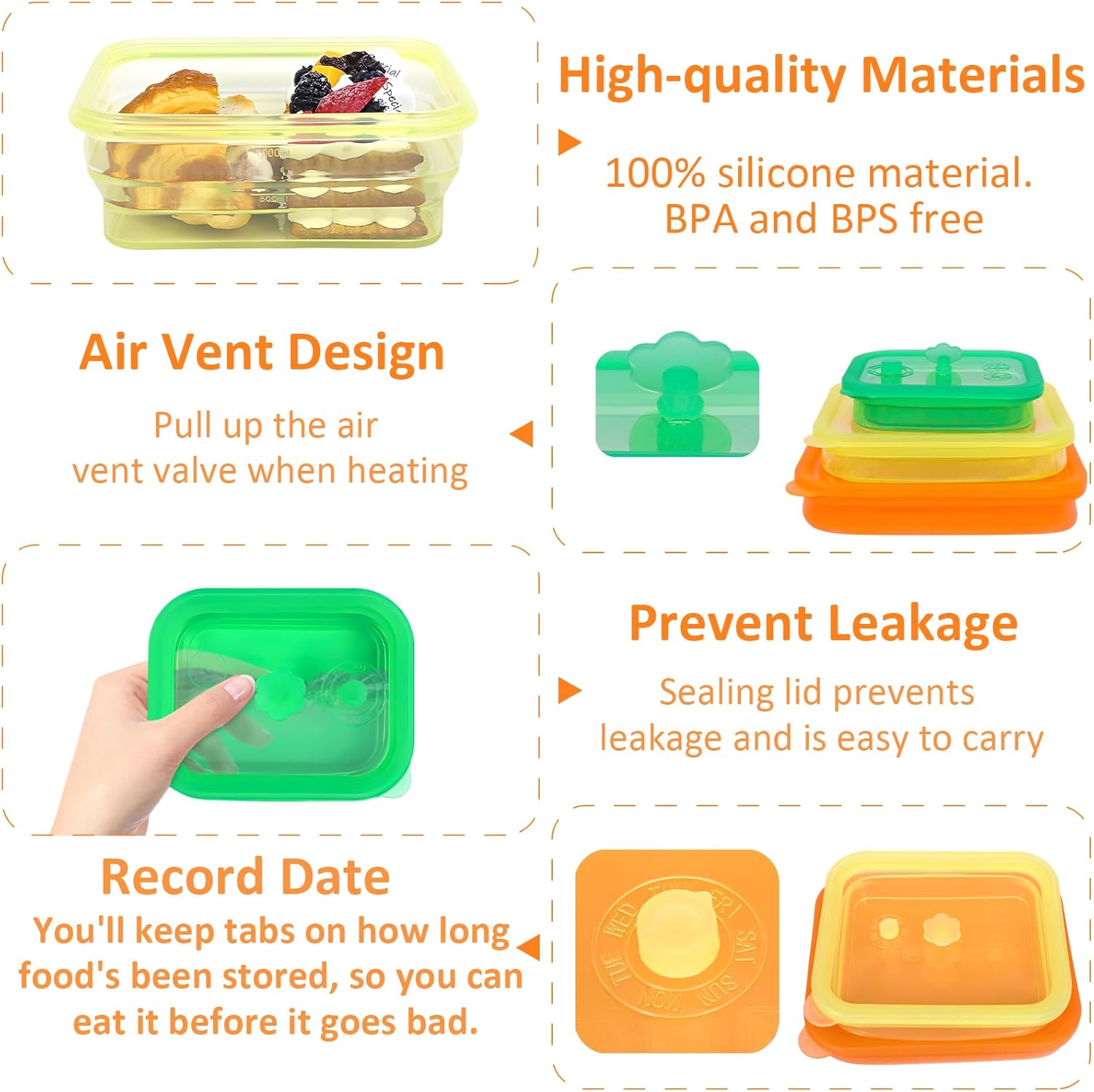 Set of 3 Clear Collapsible Full Silicone Food Storage Containers with Lids, Bento Lunch boxes for Meal Prep, Lunch, Leftovers, Microwave Fridge Dishwasher Safe, BPA-Free