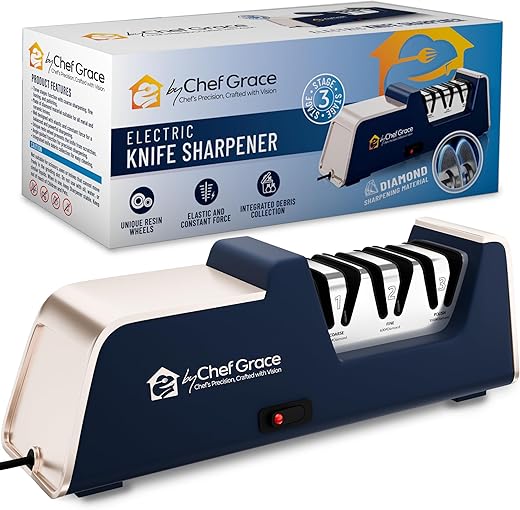 Three Stage Diamond Electric Knife Sharpener with 100% Diamond Abrasives. 15° Precision Angle Guides with 350 Grit, 600 Grit and 1000 grit for a Professional Sharpening and polishing.