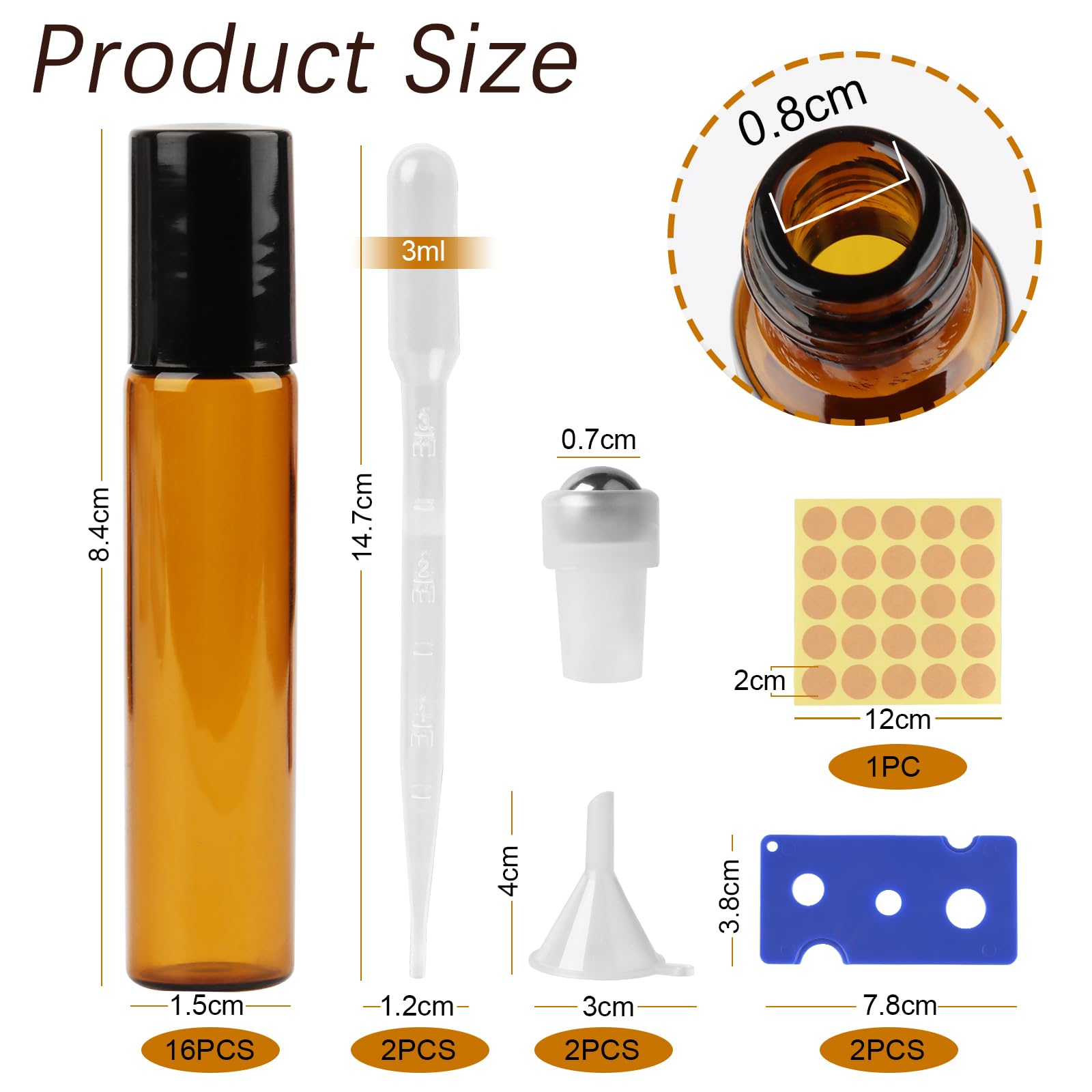 VMUTGA Pack of 16 Roll-On Glass Bottles for Essential Oil, 10 ml Brown Rollerball Bottles Empty Portable Glass Bottles Refillable with Stainless Steel Roller Ball for Essential Oils Massages Perfume