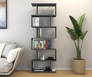 6 Raflı Kitaplık Dekoratif Raf Zigzag Kitaplık Antrasit