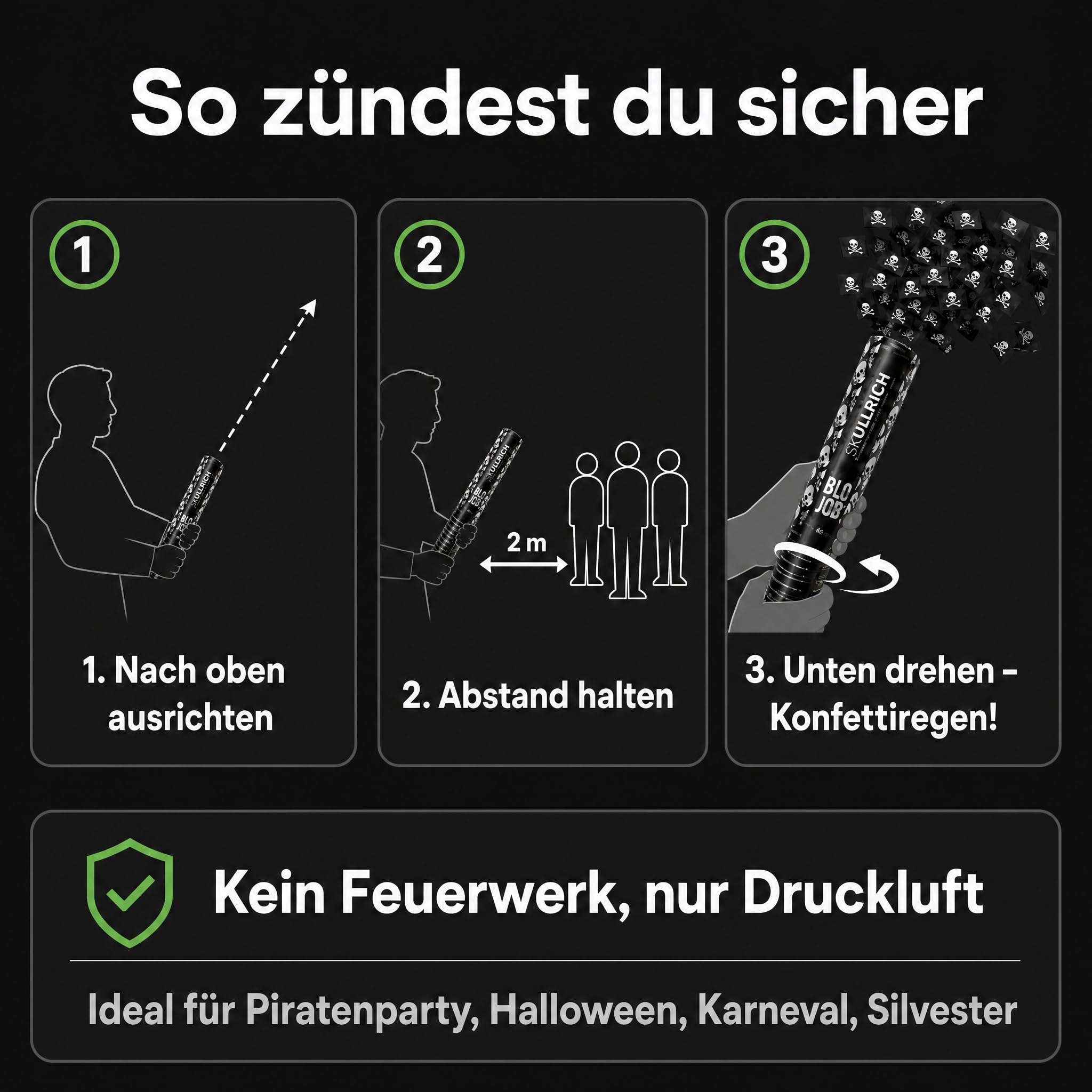 Pyroland 6 Stück Konfettikanone Skullrich 80 cm, schwarzes Konfetti mit Piratenflagge, lustiger Party Popper für Halloween, Mottoparty und Geburtstag