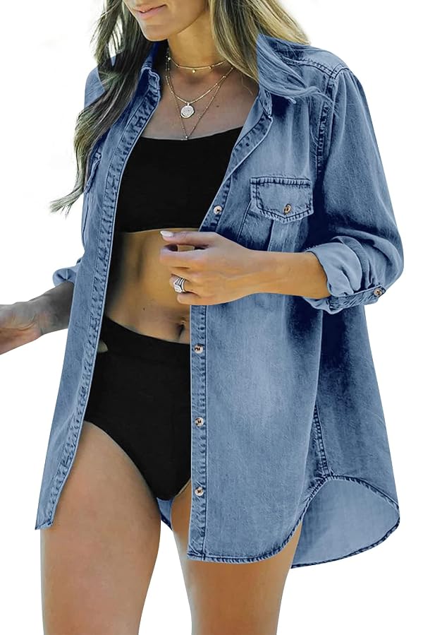 Runcati Womens Button Down Denim Shirt Long Sleeve Roll Up Casual Oversized Jean Shirt Jacket Distressed Tunic Tops Blue by Runcati - Image 4
