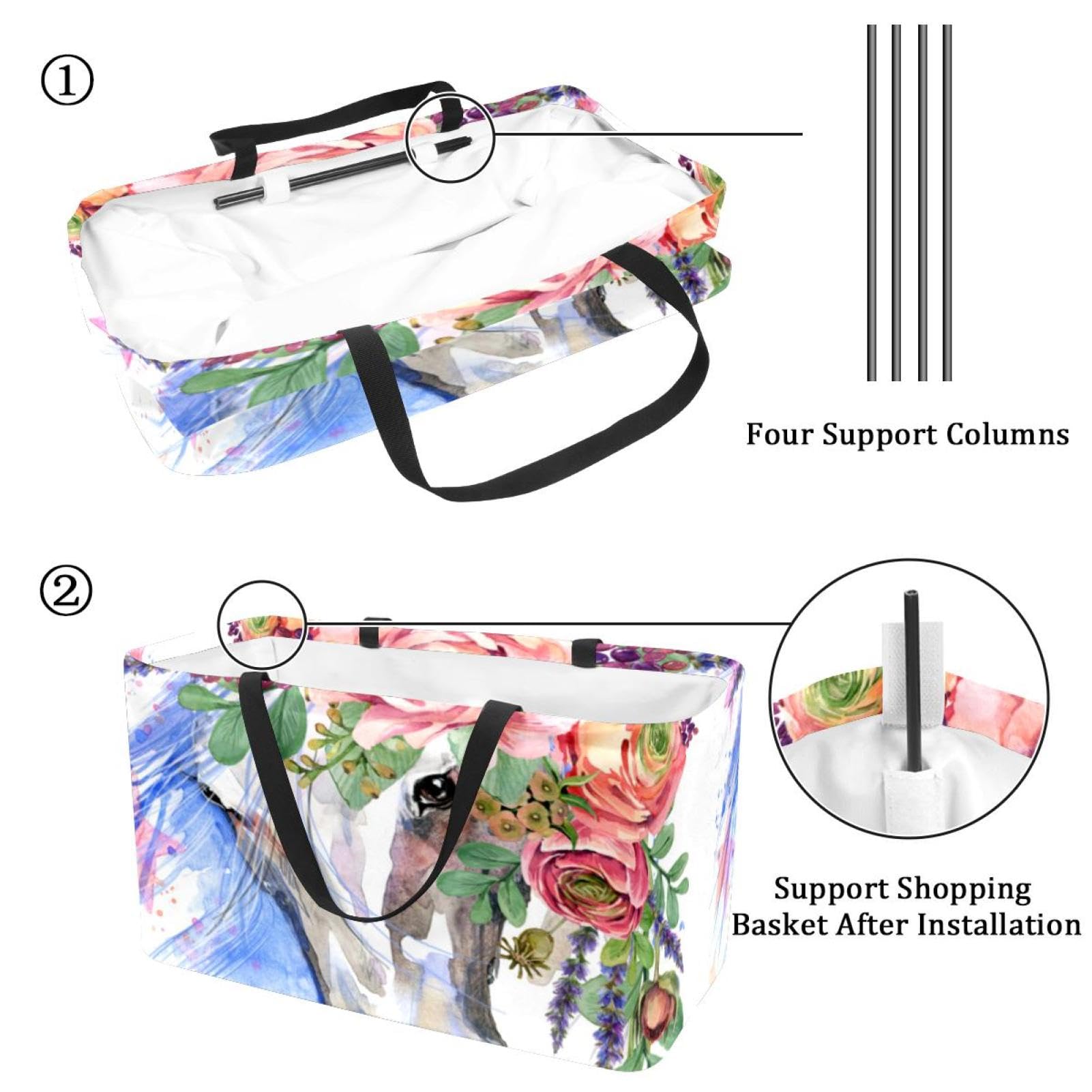 Panier Course Panier à Provisions Réutilisable 50L Avec Motifs Chevaux - Sac Fourre-tout Pliable Pour Courses Et Pique-nique Tissu Oxford