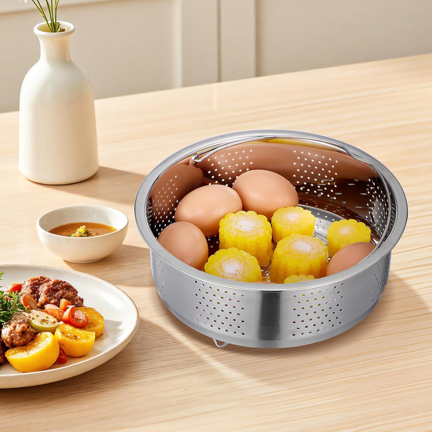 Toyvian Stainless Steel Steamer Basket Insert 8.66 inch Vegetable Food Steamer Basket for Rice Dumplings Eggs Fish Seafood Corn Drainable Steaming Rack with Handle