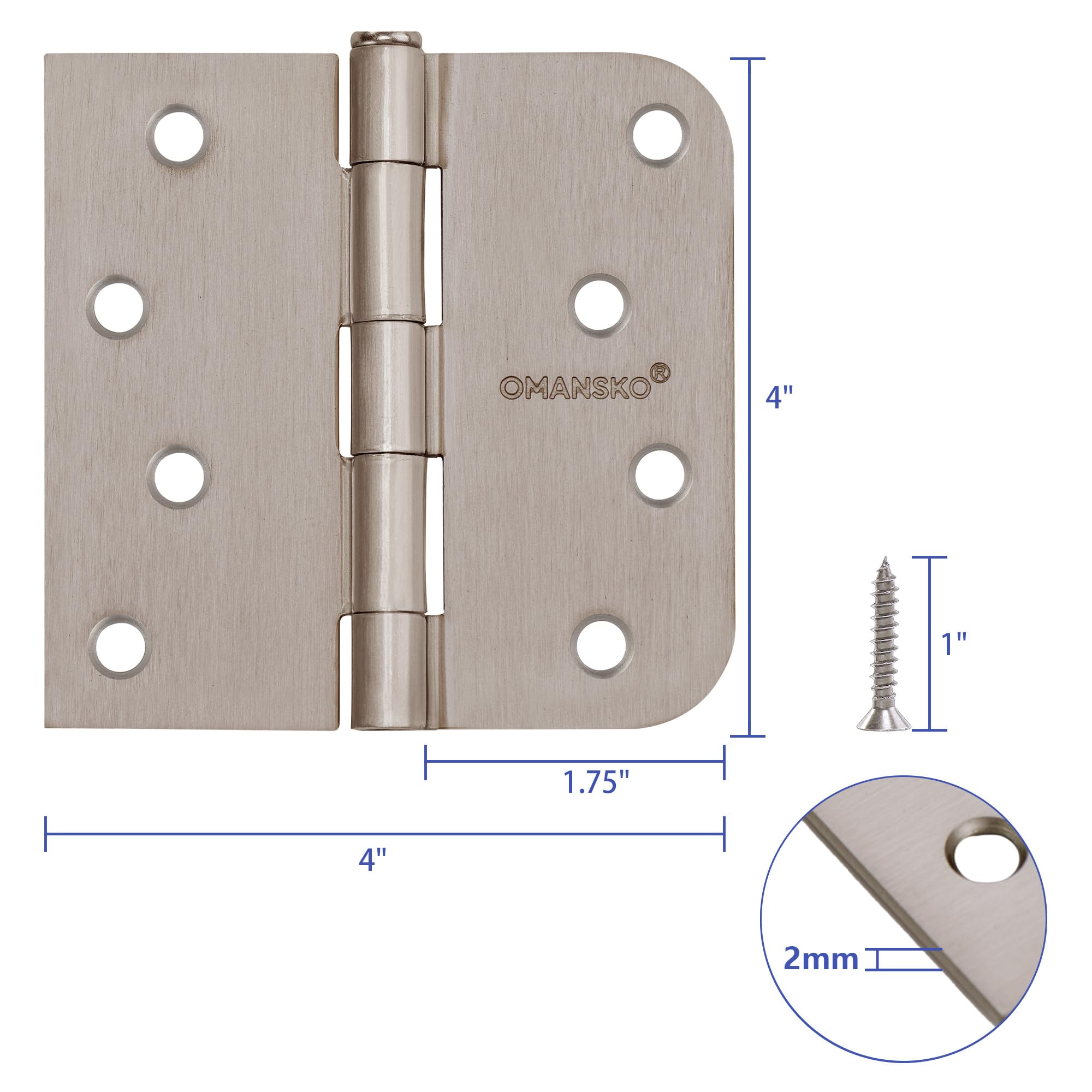 Bisagras de puerta de níquel de 4 x 4 pulgadas, paquete de 18 bisagras de puerta de níquel satinado para puertas interiores, bisagras resistentes con esquina cuadrada y radio de 5/8 pulgadas