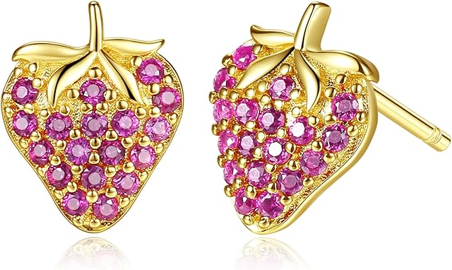 Cubic Zirconia Strawberry Stud Earrings Hypoallergenic 14k Gold Plated Stud Earring for Women Girls Jewellery Gift