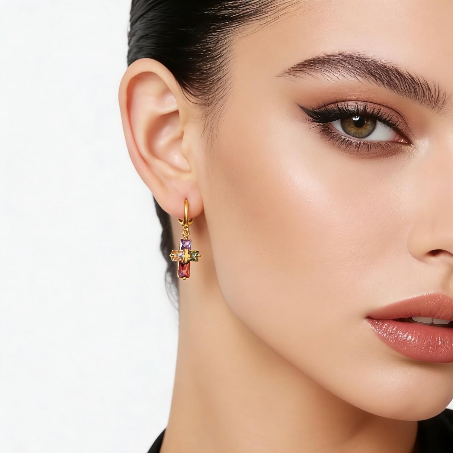 HZMAN Cross Earring for Women 14K Gold Plated Hypoallergenic Dangle Hoop Earrings Dainty Crystal Cubic Zirconia Earrings - Image 2