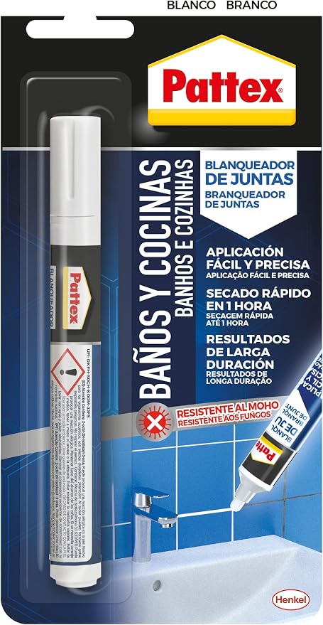 Pattex Baños Y Cocinas, rotulador blanqueador de juntas blanco, resistente al moho, aplicación fácil y precisa, 1 rotulador x 7ml en oferta en Amazon