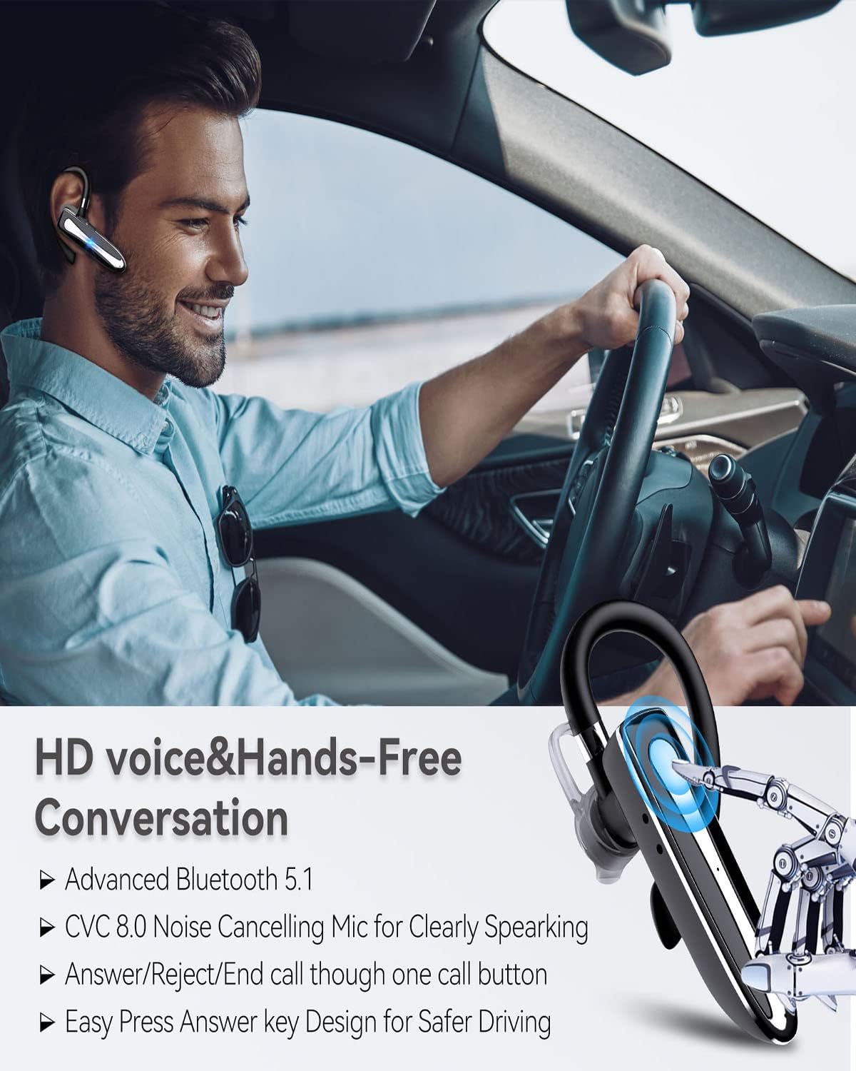 Bluetooth Headset Wireless Earpiece 2023 New Noise Canceling with Mic for Cell Phones, 80H Talking Time Hands-Free Bluetooth 5.1 Earpiece Charging Case in-Ear Wireless Earphones for Truck Driving