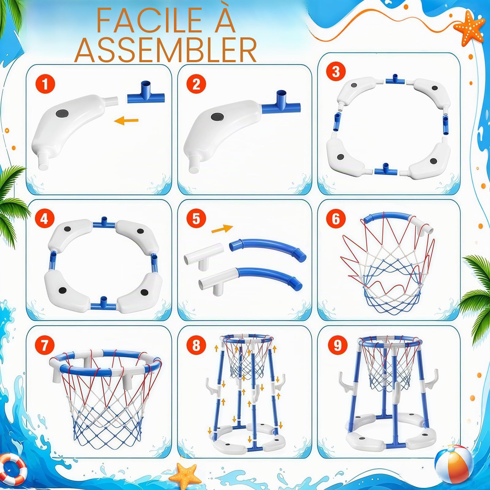 Panier de Basketball 3-en-1 pour Piscine en Plein Air, Panier de Basketball Flottant, Jouet de Piscine avec 4 Ballons de Basket, 12 Ballons de Lancer, 12 Anneaux, Jouet de Piscine pour Fête d’Hawaï