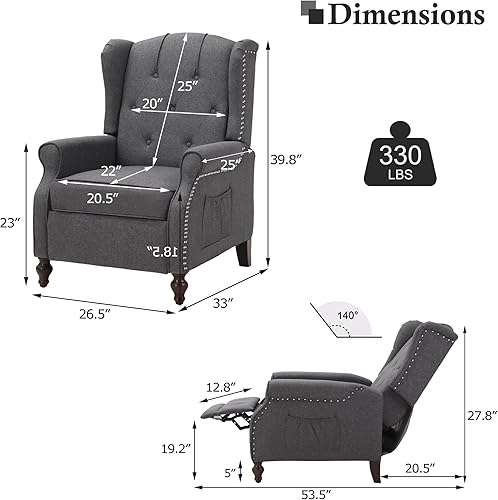 Miniatura 33 de Silla reclinable de masaje con respaldo de alas con calor, sillón de tela copetudo, sillón reclinable con respaldo a distancia y respaldo ajustable