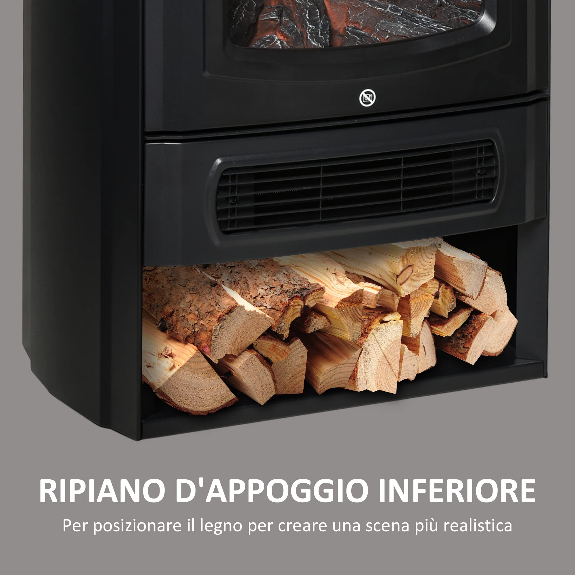 HOMCOM Camino Elettrico con Fiamma Realistica, Portalegna, 20-25㎡, Nero | Caminetto Elettrico, Protezione da Surriscaldamento, Termostato, Temperatura Regolabile, Acciaio, Vetro Temperato