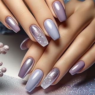 Purple Gradient Press on Nails Medium Length Flower False Nails Purple Glitter Powder Design Glossy Acrylic Nails Ballet Shaped Stick on Nails Full Cover Glue on Nails Artificial Nails for Women 24Pcs