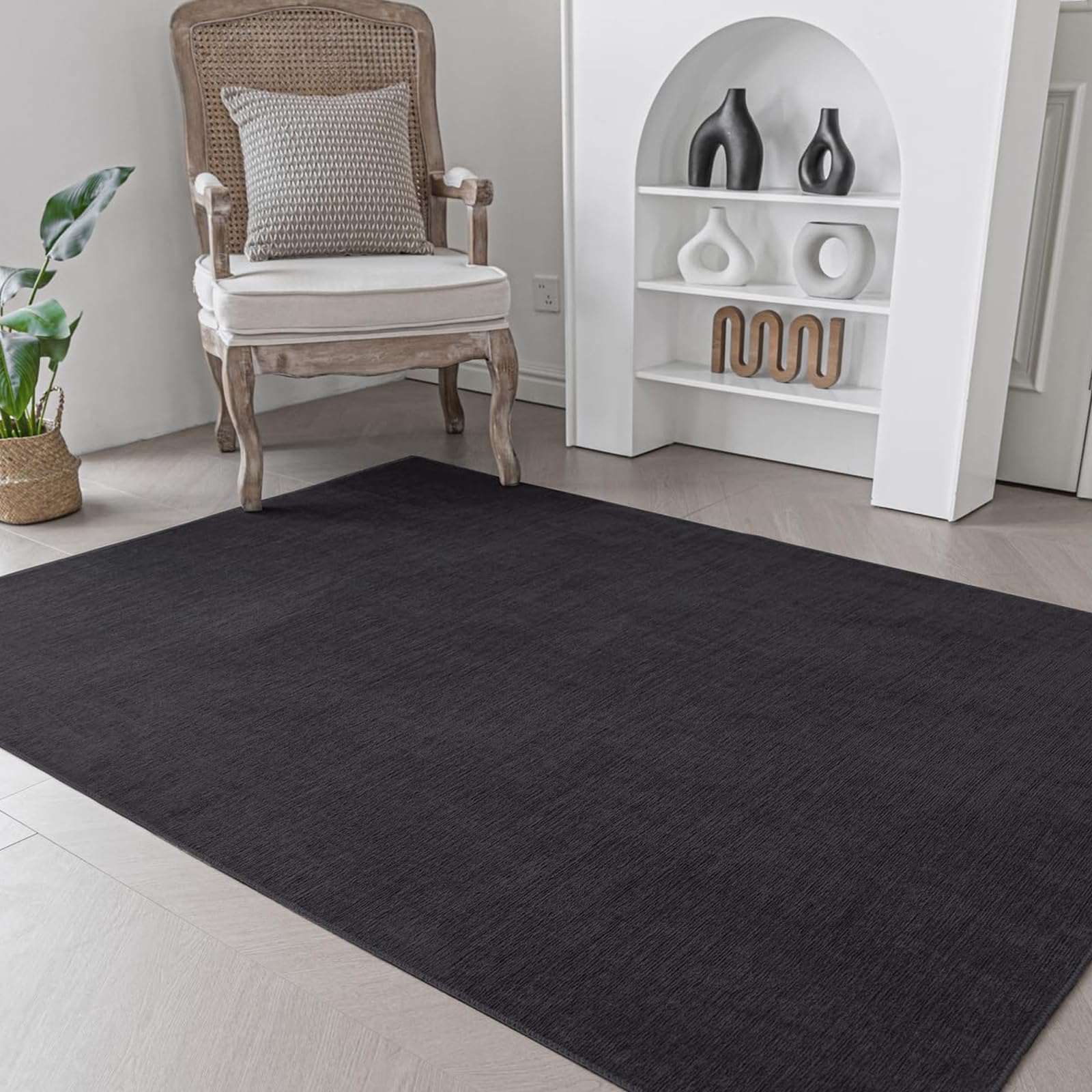 Short Pile Carpet Area Rugs Machine Washable Rug Anti-Slip Black Rug Bedside Rugs for Bedrooms Living Room Kitchen(Black,60x120 cm)