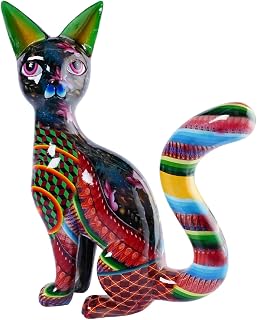 Cat Decor Figurines Colorful Alebrije Cat Statue Resin Folk Art Sculpture Glossy Painted Sitting Cat Figure for Eclectic Decor Living Room Desk Shelf Tabletop Display Size11.4 L x 15.3" H