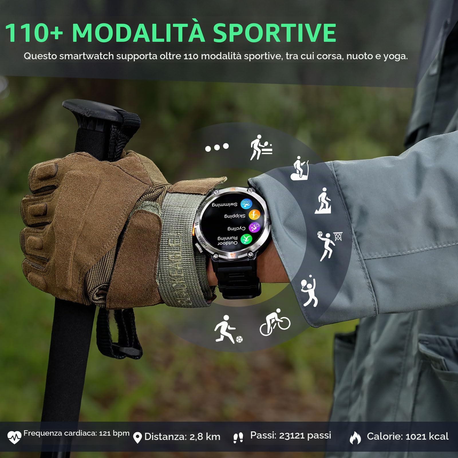 GPS Smartwatch Militare Uomo Impermeabile 3ATM con Torcia LED Bussola, 1,45" HD Rugged Smartwatch Orologio con Chiamate Bluetooth, Fitness Watch con Cardiaca SpO2 Notifiche WhatsApp per Android iOS