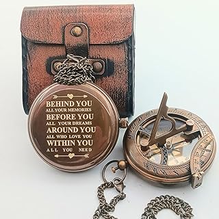 Behind You Engraved Brass Compass Gift for Men - Handcrafted Vintage Brass Sundial Compass – Antique Nautical Sun Clock with Leather Case - Best Graduation Gift - Best College Graduation Gift