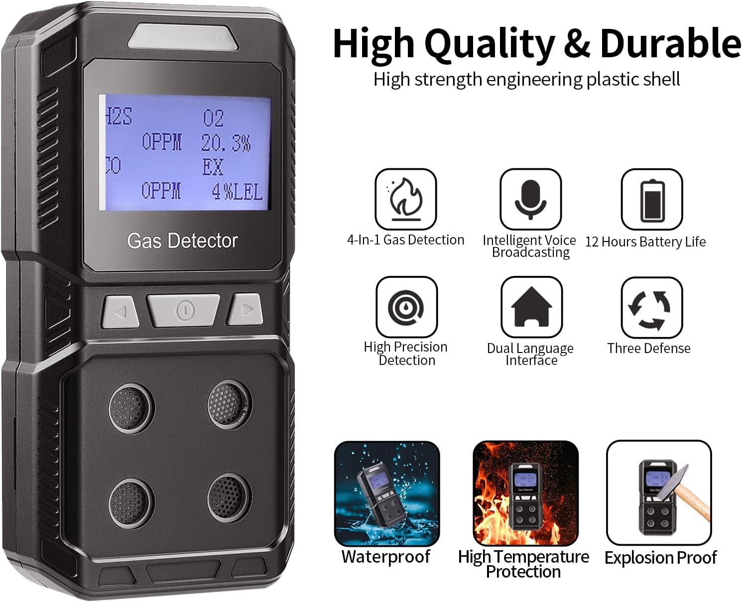 Seesii 4-in-1 Portable Gas Detector highlighting high quality and durable features