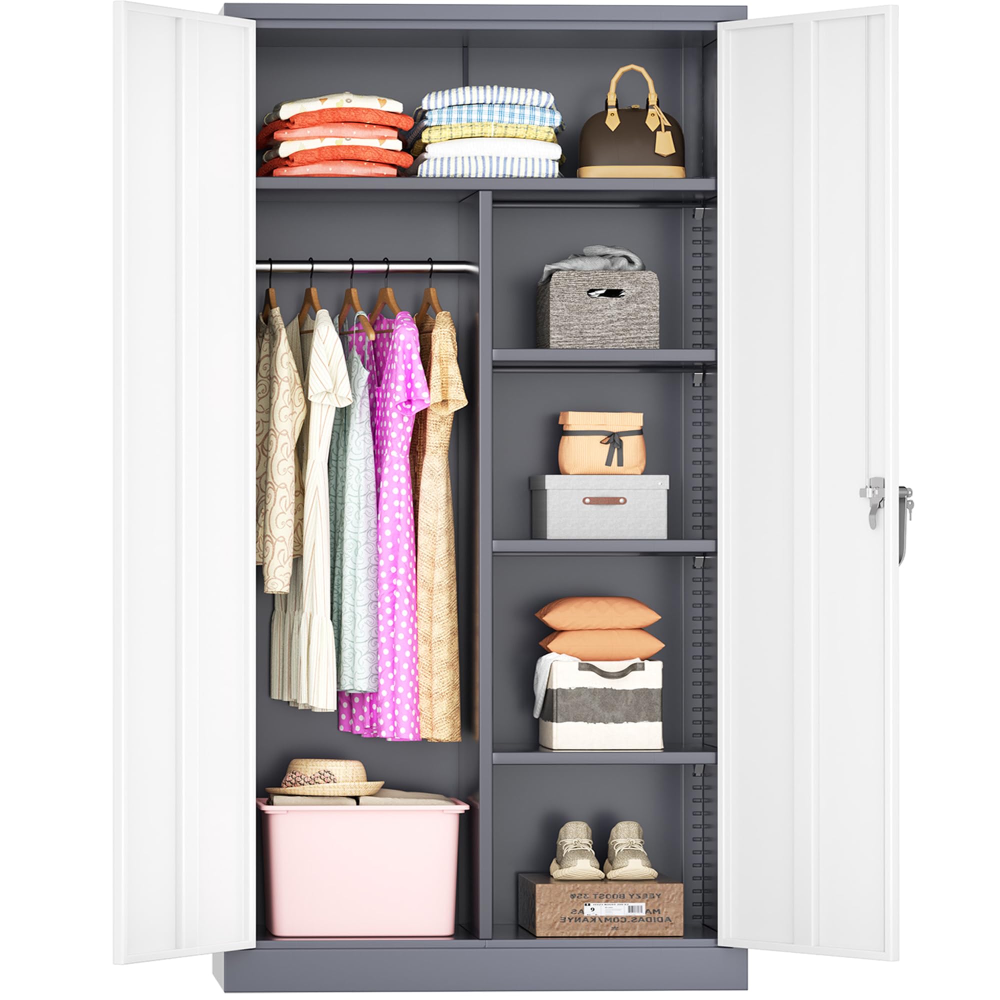 Greenvelly Metal Wardrobe Cabinet with Lock Door, 72" Metal Wardrobe Closet Cabinet with Hanging Rods and Adjustable Shelves, Steel Storage Locker