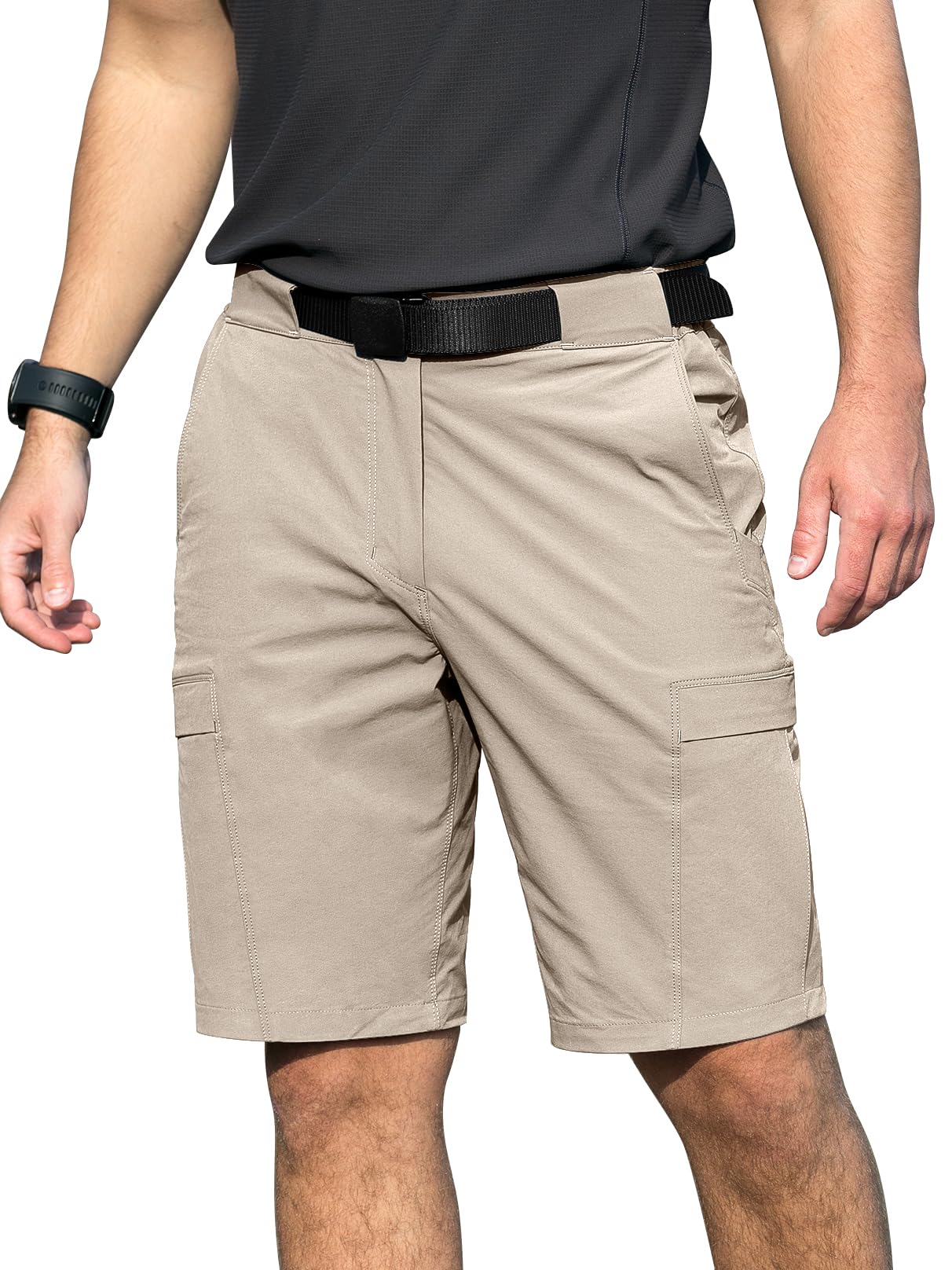 Aicall Men's Hiking Cargo Shorts Quick Dry Lightweight Casual Stretch Golf Work Shorts with 6 Pocket & Belt for Summer Outdoor Khaki