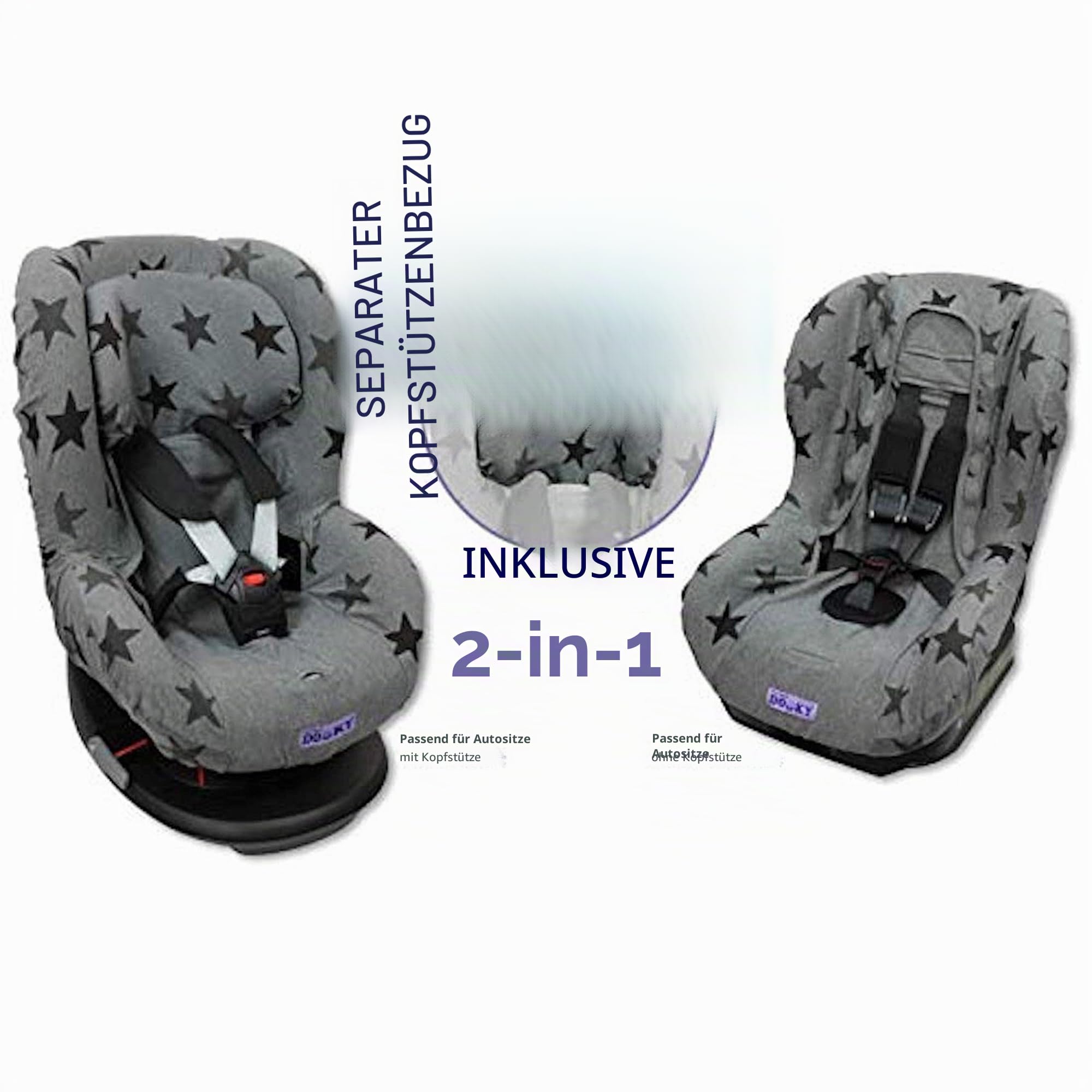 Original Dooky Grey Stars Sitzbezug für Kindersitz universale Passform für viele gängige Modelle Altersgruppe 1+ 9 - 18kg für 3 und 5 Punkt Gurtsystem, grau