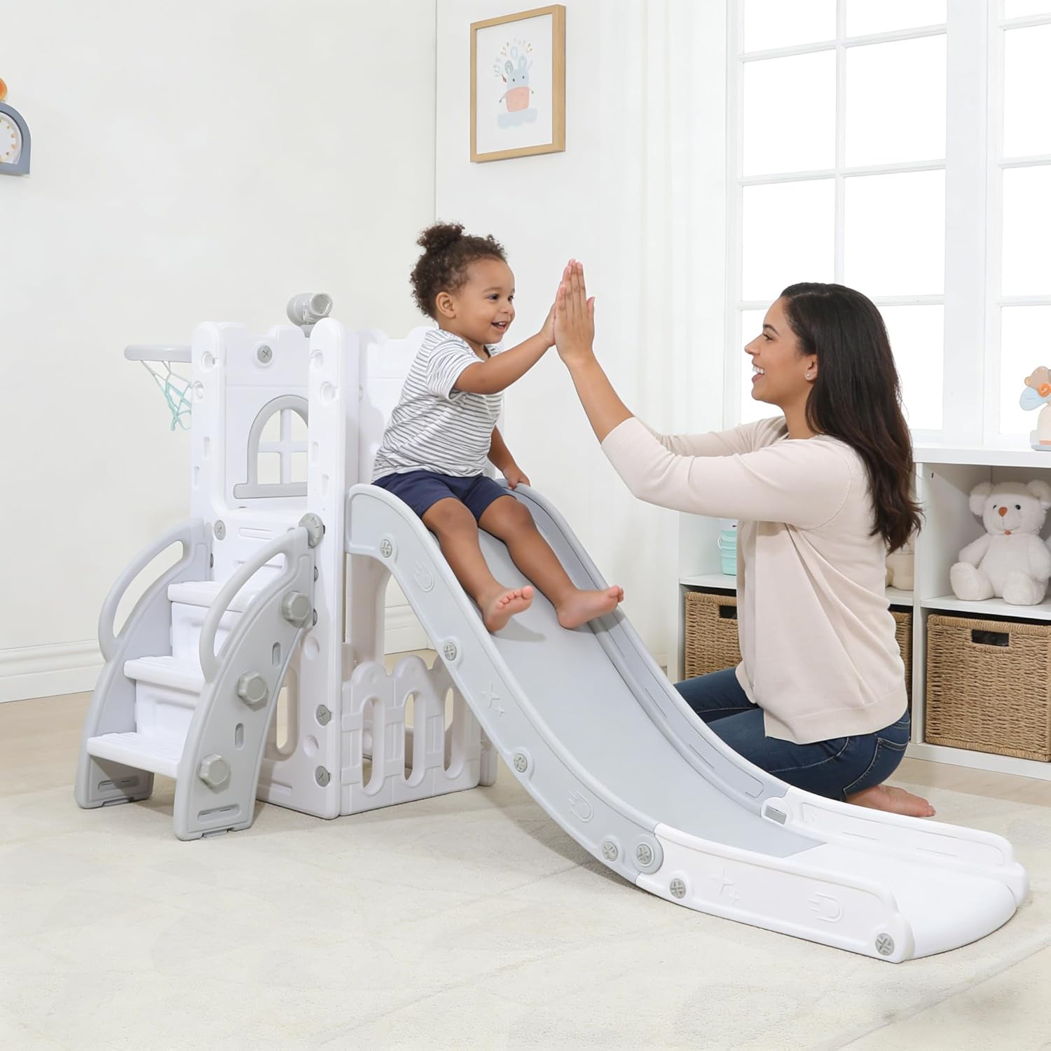 6 in 1 Toddler Slide,Outdoor Playset,Playground Game System,Small Slides for Home,Indoor Outdoor Playground with Basketball Hoop and Telescope