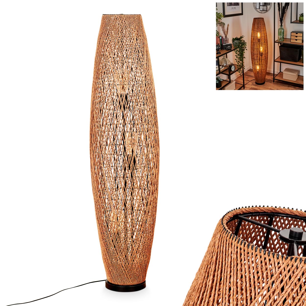 Stehleuchte Mulstrand, moderne Stehlampe aus Metall/Rattan in Schwarz/Natur, Leuchte im Boho-Design mit Schirm in Gitter-Optik, An-/Ausschalter am Kabel und Lichteffekt, 3 x E27, ohne Leuchtmittel
