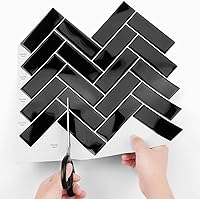 Vista 5 de Livelynine 16 azulejos negros para salpicaduras de cocina, despegar y pegar de 12 x 12 pulgadas, salpicaduras negras para cocina, arenque con parte