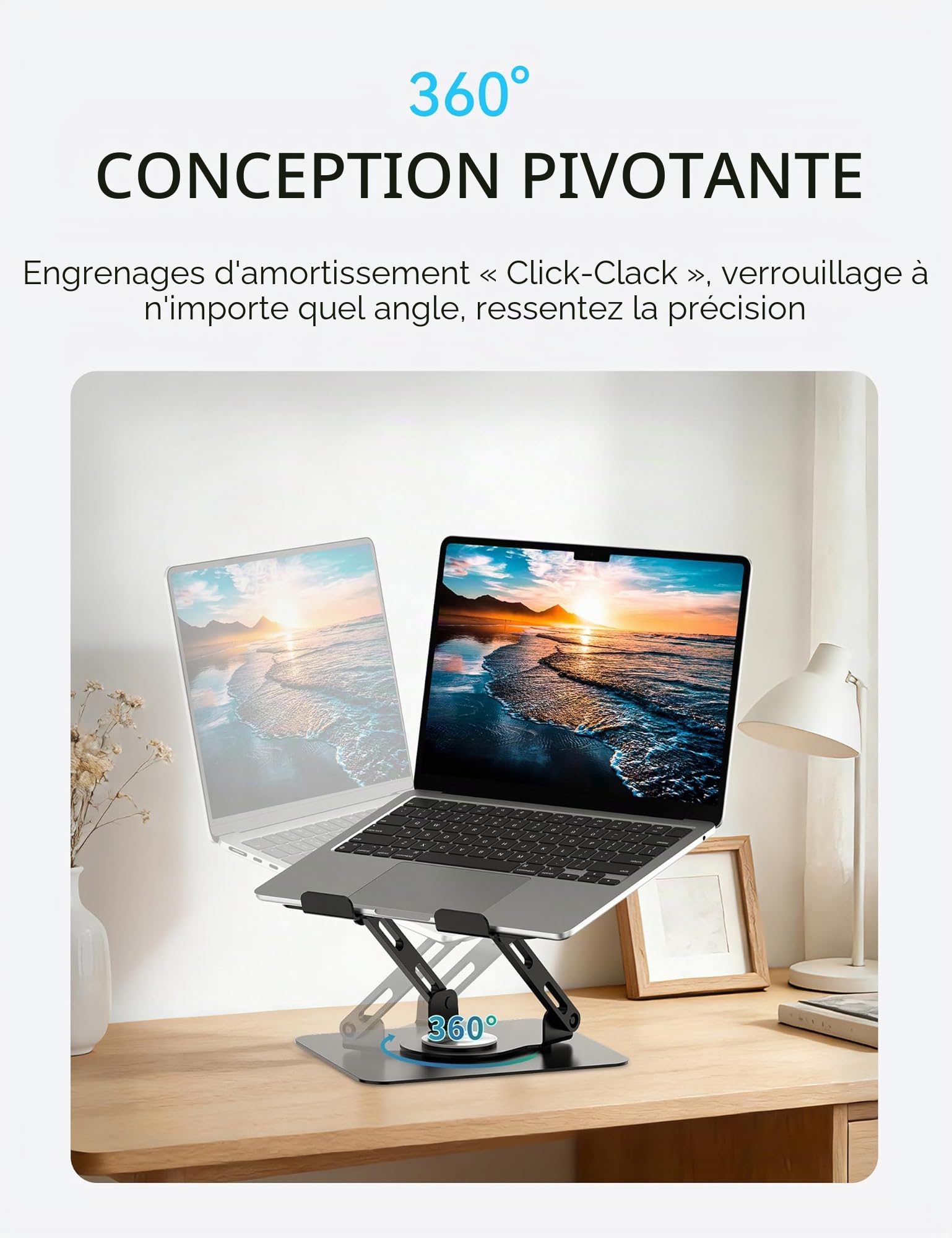 SOUNDANCE Support pour Ordinateur Portable avec Base rotative à 360°, rehausseur Ergonomique pour Bureau, Hauteur réglable Multi-Angle, Support Pliable, Support en métal Stable de 10 à 15,6", Noir