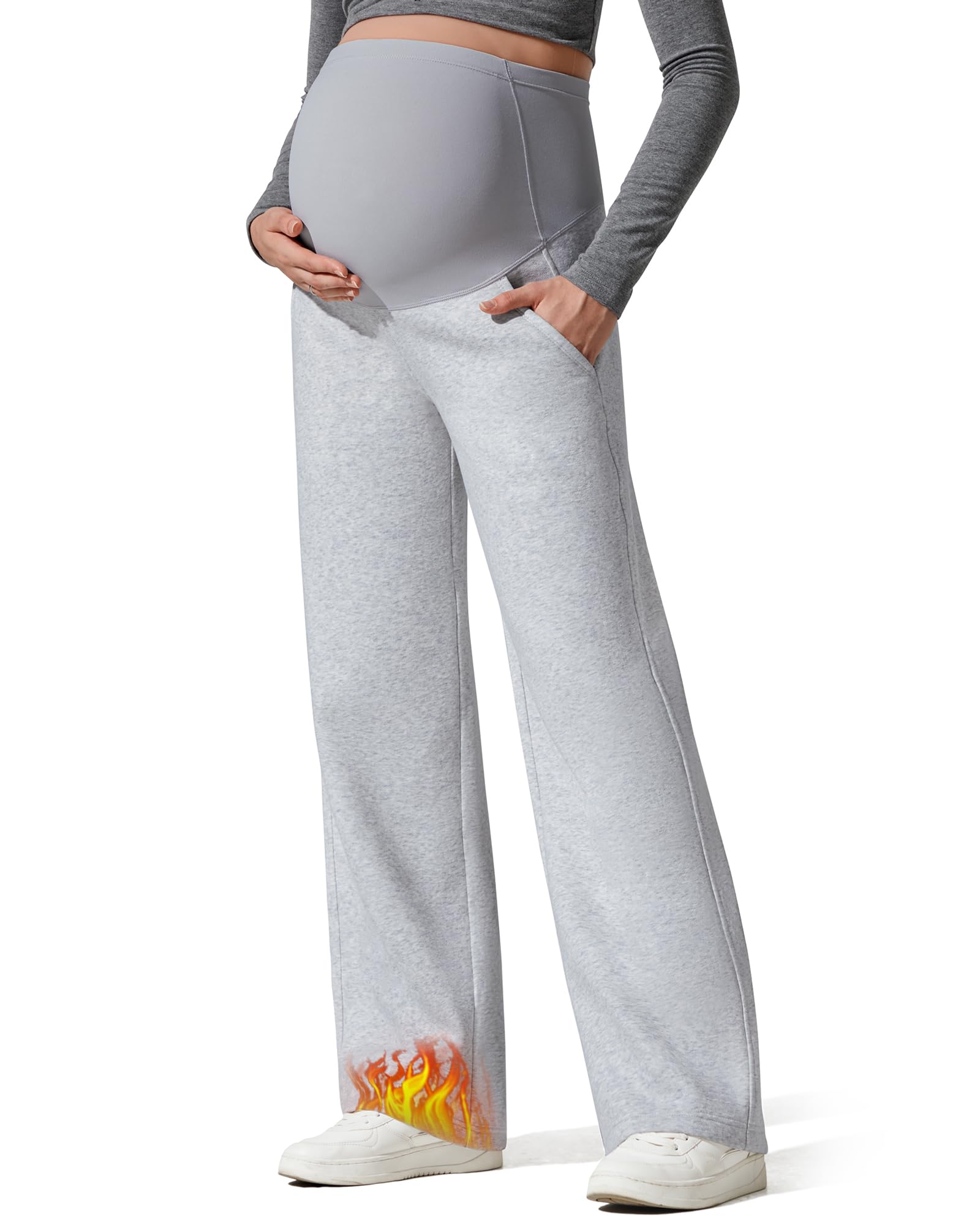 g4free Flurrylux Fleece Lined Maternity Wide Leg Pants Cotton Over The Belly Pregnancy Sweatpants, Light Heather, Medium-picture-34