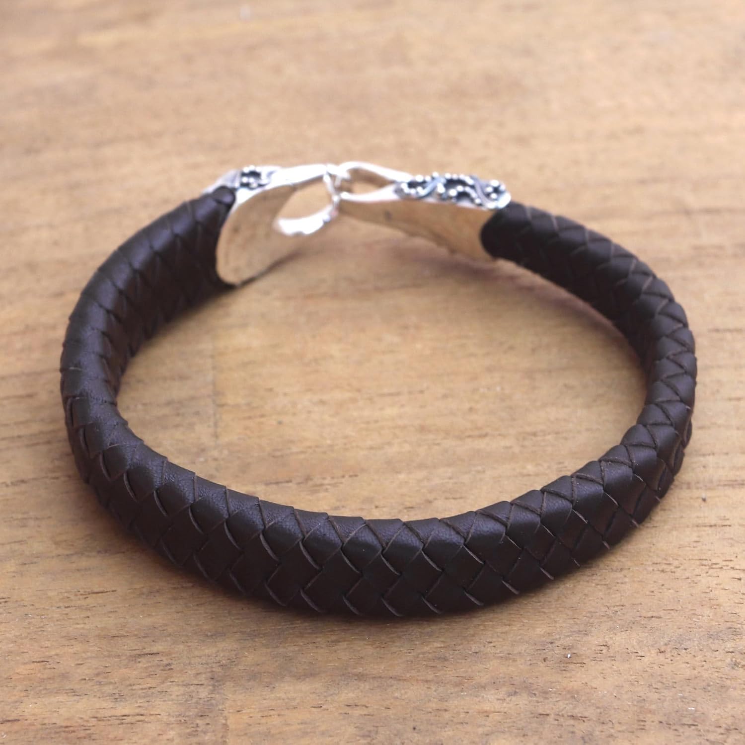 NOVICA No Stone .925 Sterling Silver Leather Men's Bracelet 'Bun Claw in Brown'