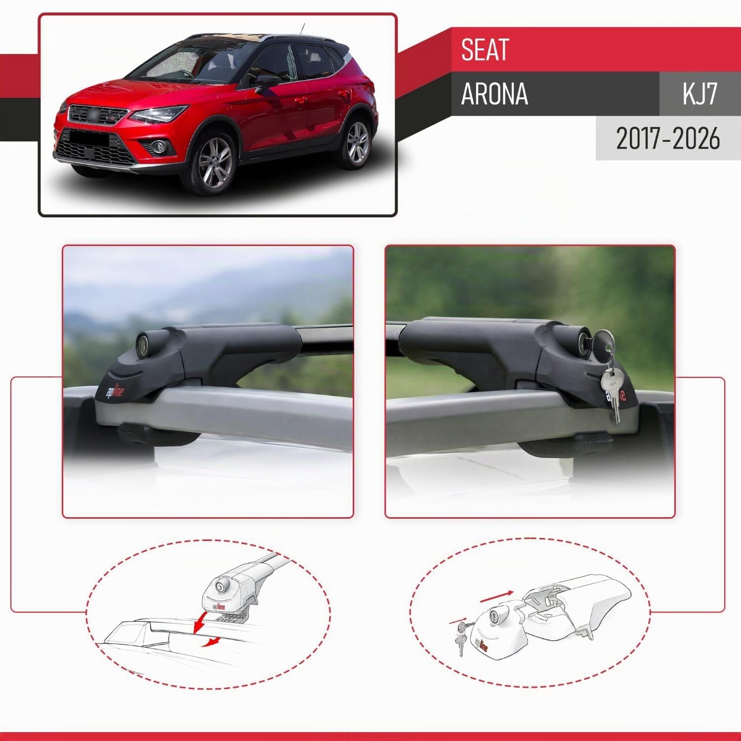 Compatible con Seat Arona (KJ7) 2017-2026 Modelo Ace-1 Barra de Techo Auto Portaequipajes Barras Transversales Negro Aluminio 2 Barras