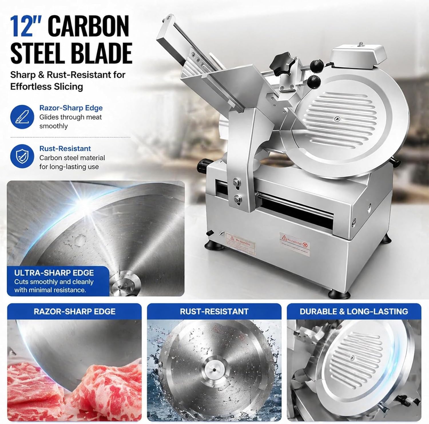 550W Commercial Meat Slicer, Automatic Meat Slicer with 12-Inch Blade, 0-15mm Adjustable Thickness Electric Meat Slicer with Emergency Stop Button for Hotel Catering and Butcher Shop Prep Station
