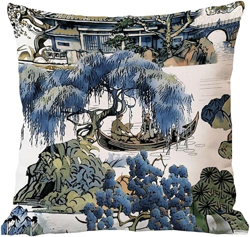 Vista 387 de ArogGeld Chinoiserie - Fundas de almohada escénicas asiáticas, estilo asiático, funda de almohada azul y verde Kelly, funda de cojín para decoración