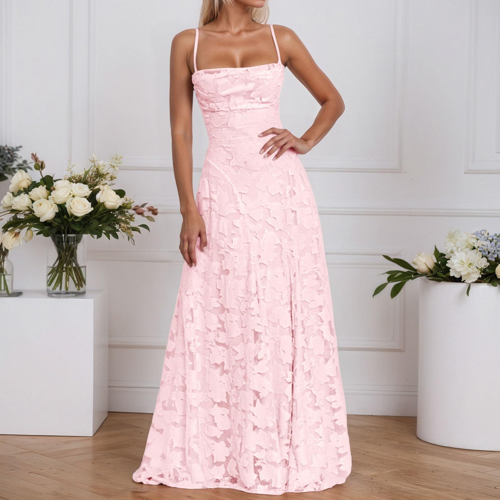Robe de bal en jacquard pour femme - Élégante robe maxi à bretelles spaghetti - Robe de soirée longue à volants - Col carré