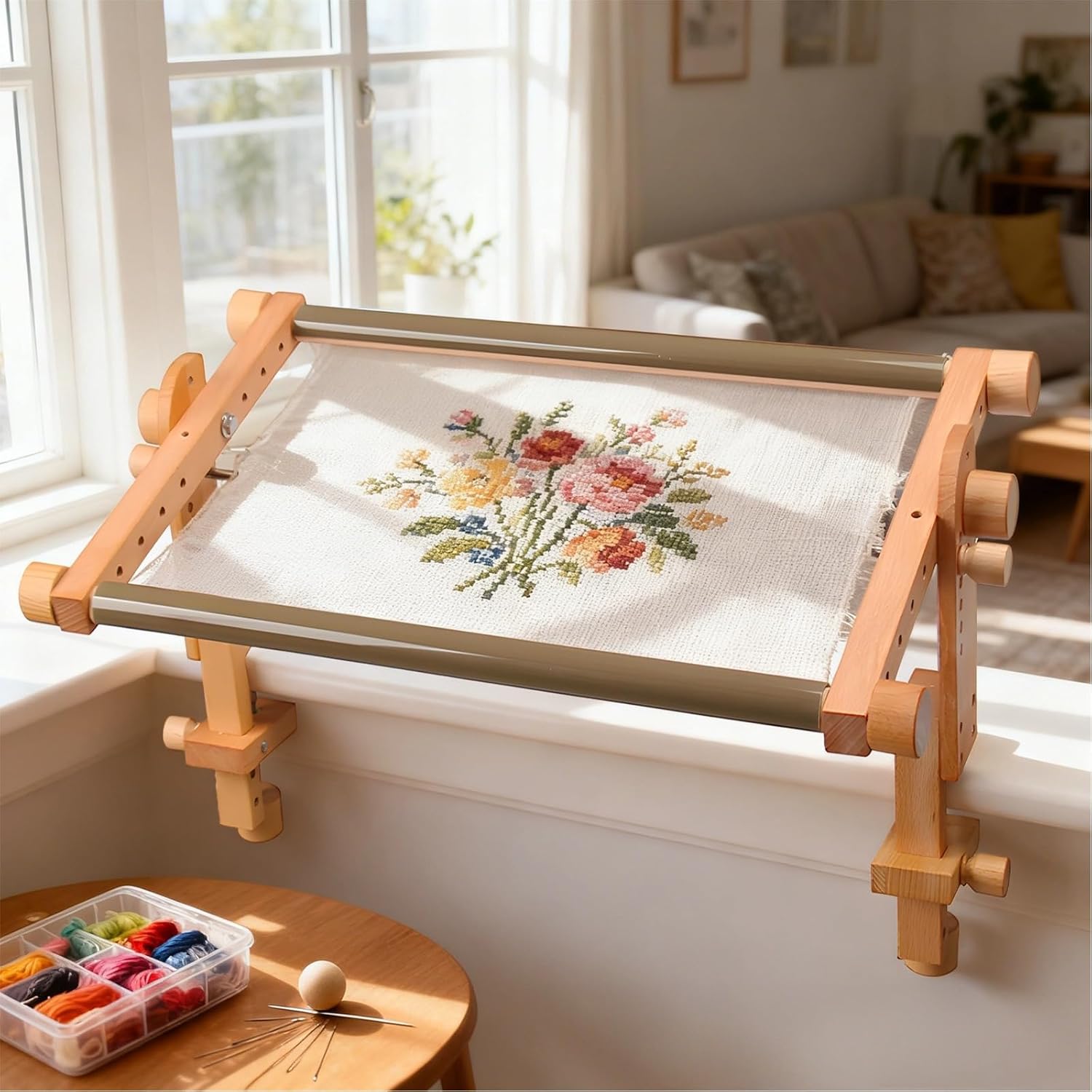 Kronabelle Embroidery Frame with Adjustable Table Clamp, 20.1 X 11.4 in Beech Wood Cross Stitch Frame Stand, Multi-Angle Adjustment for Sewing, Quilting, DIY Craft
